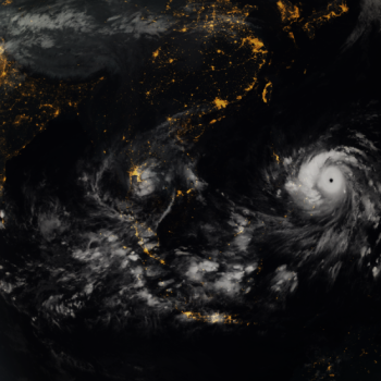 What does climate change look like? Here, one of the strongest tropical storms ever recorded, Typhoon Haiyan, approaches the Philippines in a November 2013 composite image incorporating data captured by the geostationary satellites of the Japan Meteorological Agency (MTSat 2) and EUMETSAT (Meteosat-7), overlaid with NASA’s ‘Black Marble’ imagery. Photo credit: JMA/EUMETSAT